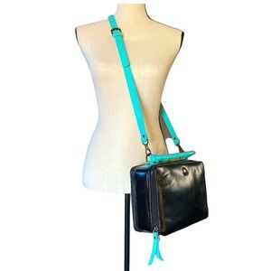 Prime Black Leather Boxy Satchel Turquoise Trim Crossbody Bag